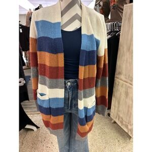 Striped Knit‎ Cardigan Sweater Open Front Pockets Cozy Colorful, Size M